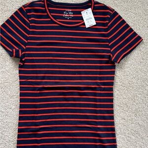 Women J. Crew Navy and Red Fine-Rib/stripes Cotton Tee Size Small NWT
